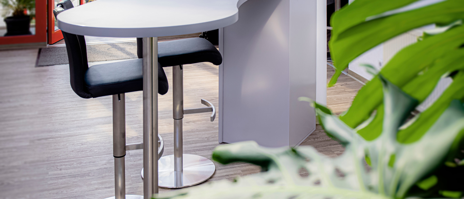 Zu sehen ist die Räumlichkeit der Firma Synvia mit Regalen, zwei Stühlen und einem Tisch. 